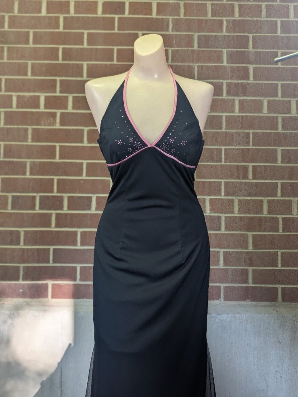 Y2K Dave & Johnny Black Pink Rhinestone Halter Maxi Dress Formal McBling Corset